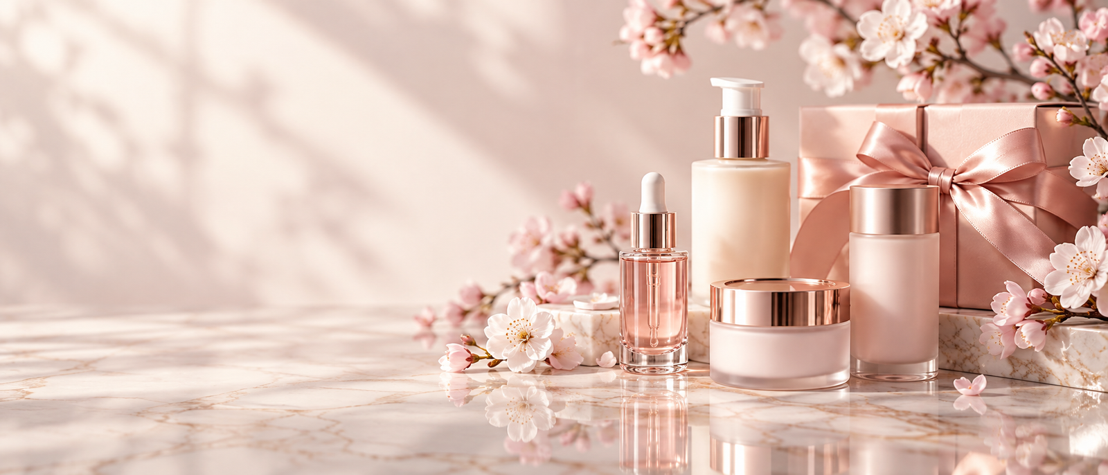 Blush-toned skincare and beauty gifts with delicate blossoms